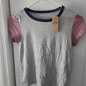 American Eagle Outfitters Grey Tee with Pink Sleeves and Navy Trim